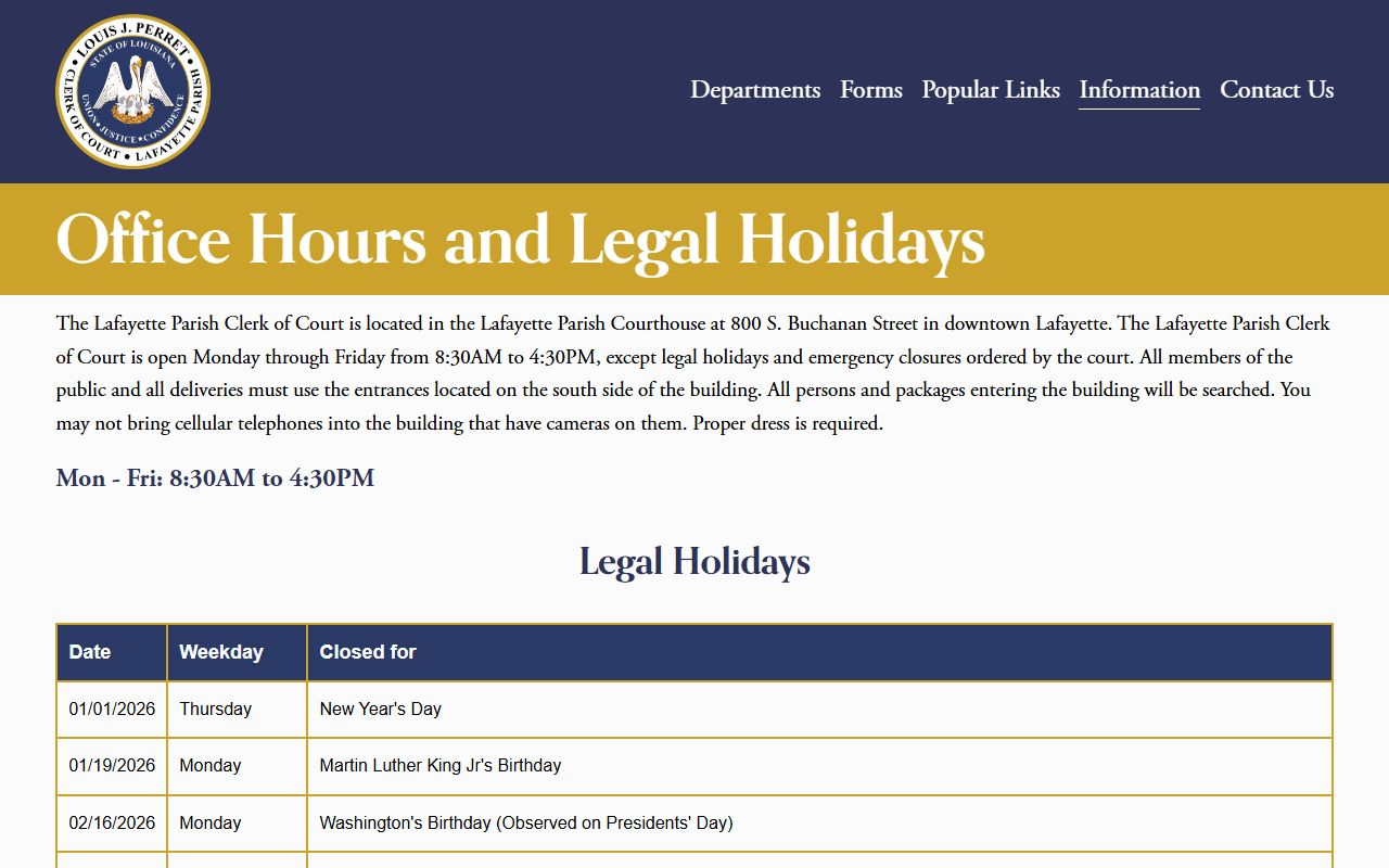 Lafayette Parish Clerk of Court office hours and holidays