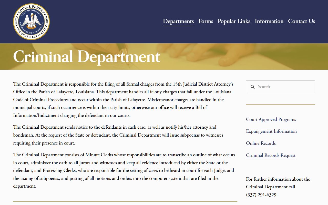 Lafayette Parish criminal court records Clerk criminal records page